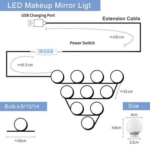 10 Bulbs DIY Hollywood Lighting Makeup Vanity Mirror with Dimmable Lights - Bild 13 von 14