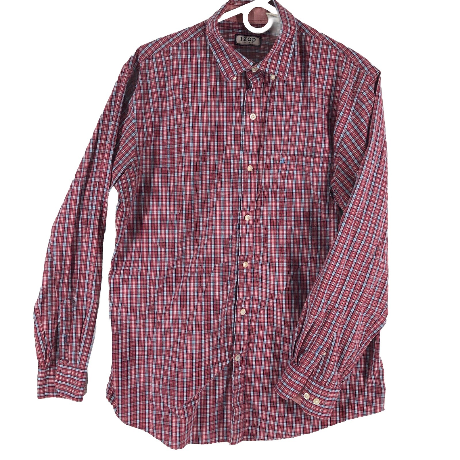 Izod button shirt mens sz L red blue check long sleeve cotton