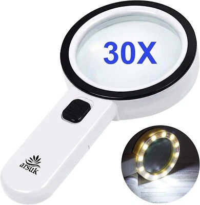 ARSUK Magnifying Glass 12 LED Lights 30X Handheld Large Reading Magnifier for Seniors