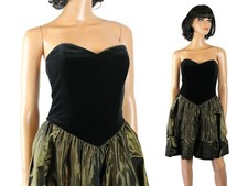 80s Prom Dress XXS 2XS Vintage Short Mini Black Velvet Olive Green Taffeta Gown