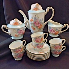 Gold Trim Floral Demitasse Tea Set for 6 Occupied Japan 17 Piece Tea Set