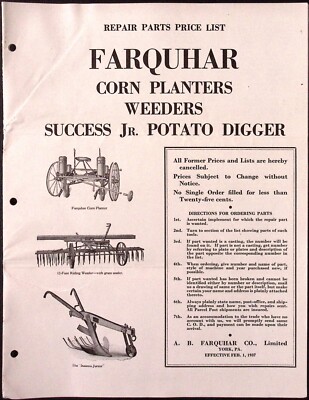 1937 Farquhar Corn Planters Weeders Success Potato Digger Brochure AB Farquhar