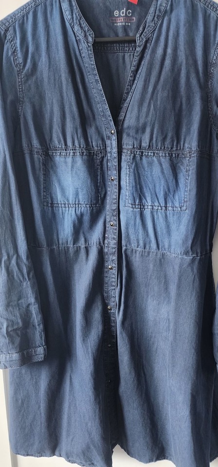 edc Blue Denim Solid V-Neck Long Sleeve Button Front Shirt Dress Size M