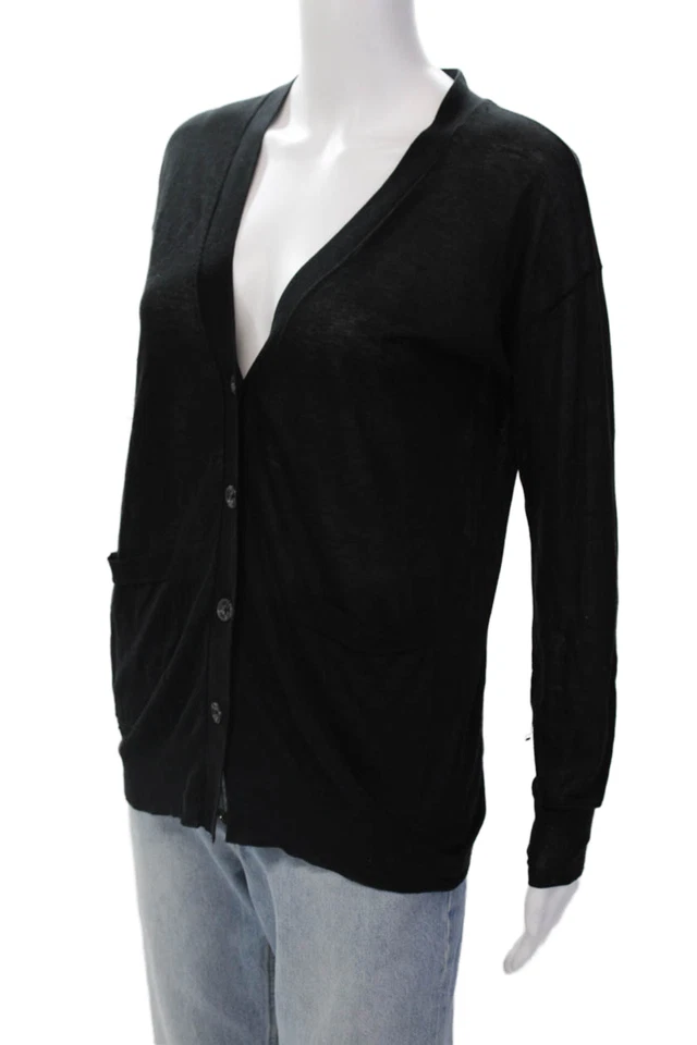 Cardigã feminino algodão transparente gola V preto tamanho XS algodão cashmere outono - Imagem 2 de 4