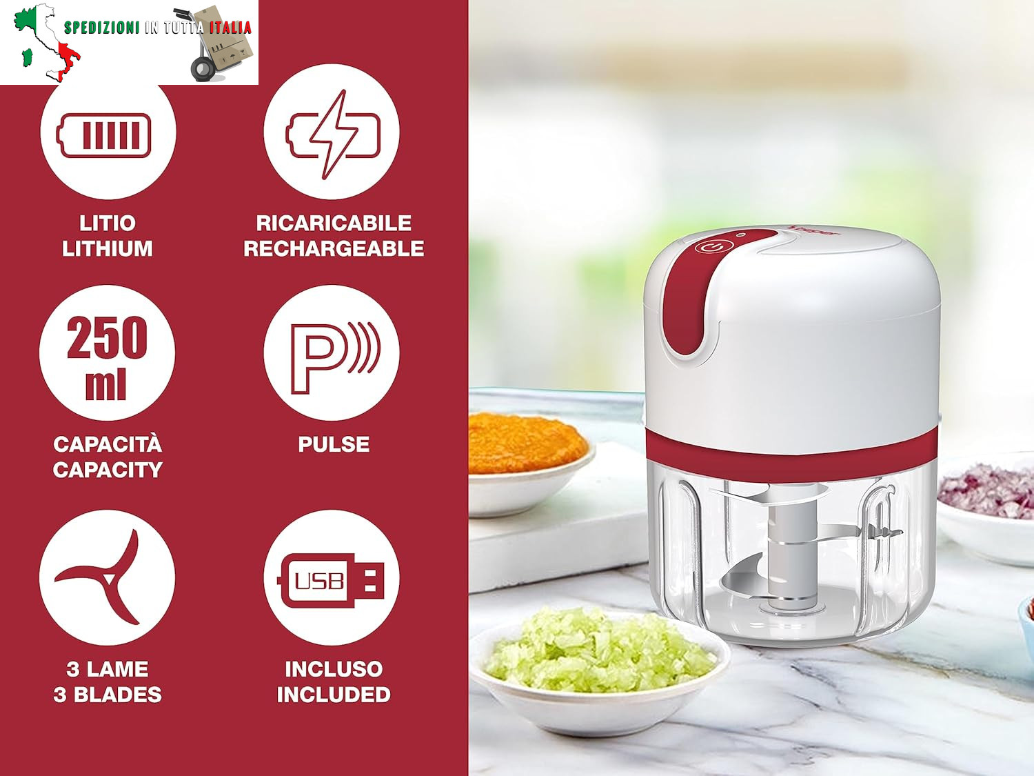 P102ROB050 Tritatutto ricaricabile USB, Mini Robot da Cucina, Capacità 250 ml, P foto 2