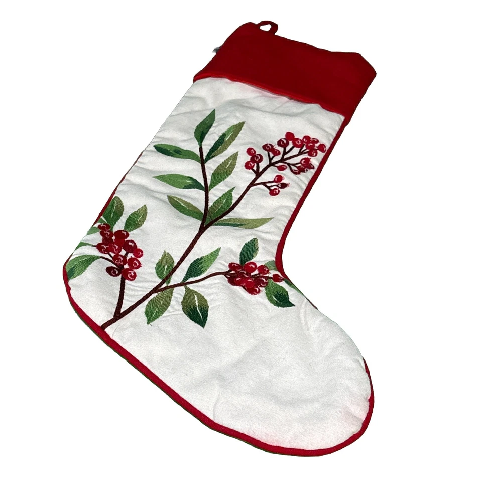 LAUREN RALPH LAUREN Christmas Stocking Holly Berry Leaves Embroidered Designer - Image 3 of 4
