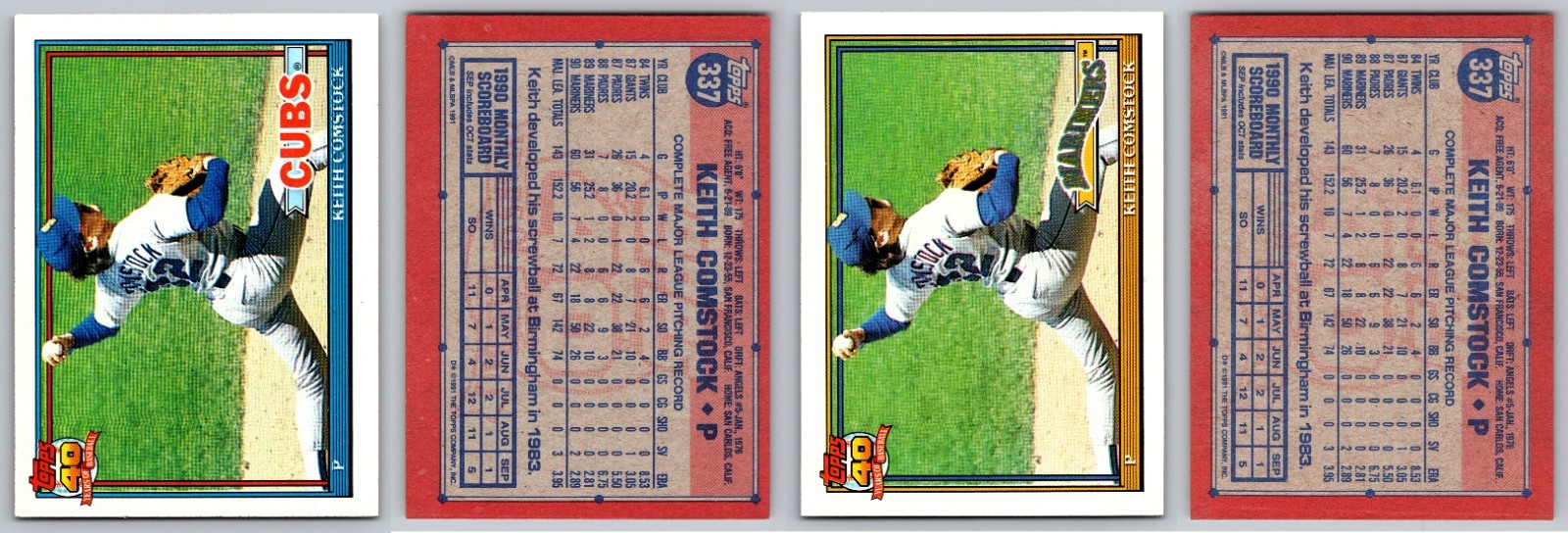 Keith Comstock 1991 Topps Error & Corrected Variations 2 Card Lot Mariners Cubs