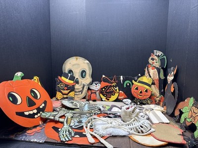 Lot Of Vintage Halloween Decorations Skeleton Black Cat Pumpkins Spiders 