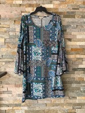 Haani Dress Full Flare Sleeves Blue & Green Paisley Print Round Neck Boho Large