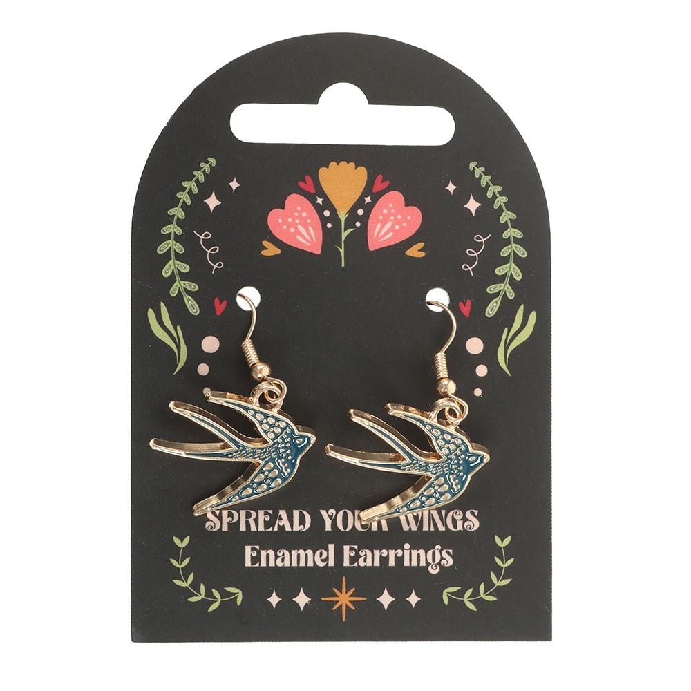 Blue Spread Your Wings Swallow Enamel Earrings Folk Art Love