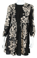 VALENTINO Black & Beige Floral Print Crepe 3/4 Sleeve Mini Dress 40