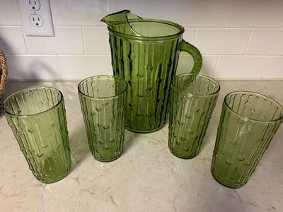 Vintage Anchor Hocking Tahiti Bamboo Green Glass Pitcher 64 0z & 4 Glasses E10