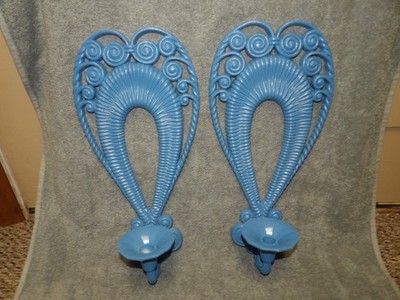 VTG Burwood Pair of Blue Plastic Wicker Rattan Wall Sconce Candle Holder MCM