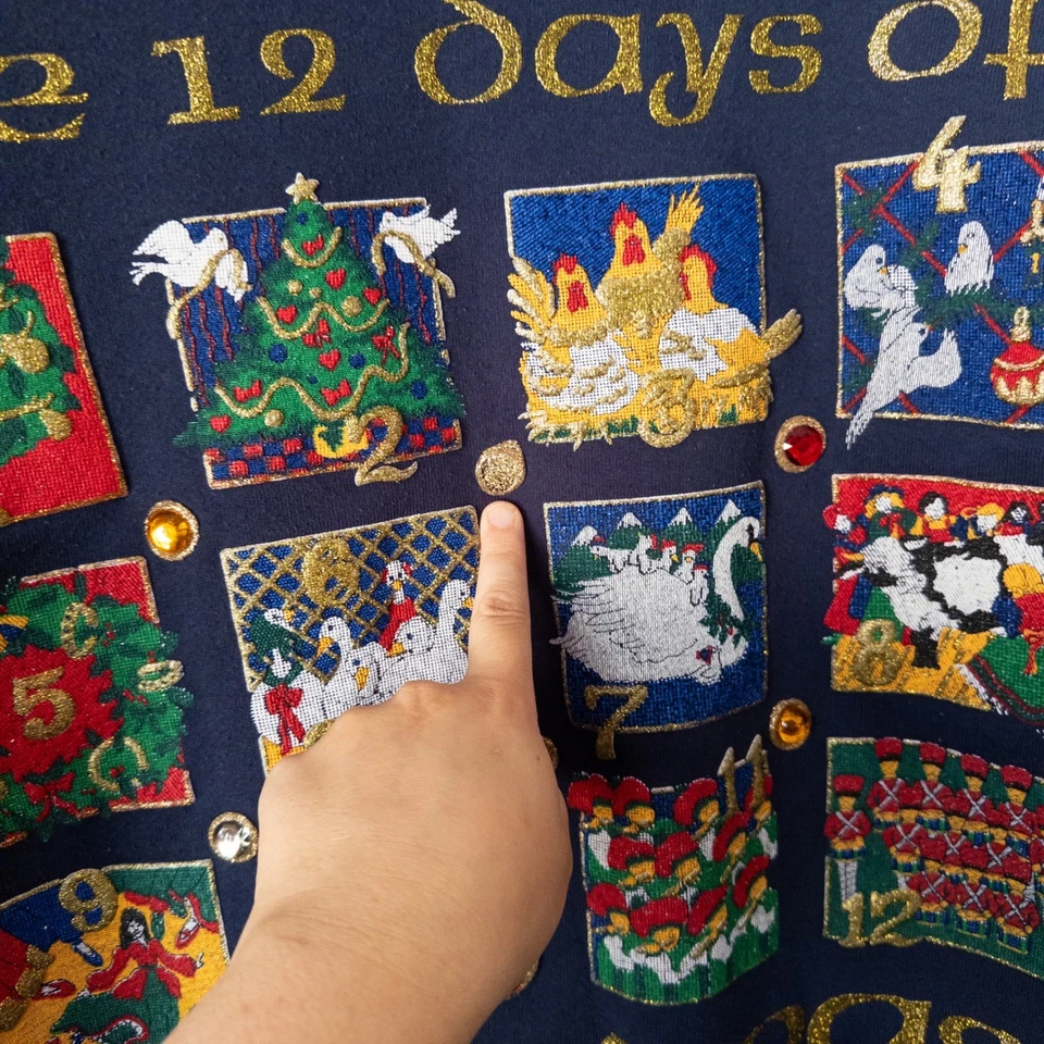 复古 12 天圣诞运动衫 L 金属金色亮片 90 年代假日丑陋 — 第 3/4 张图片