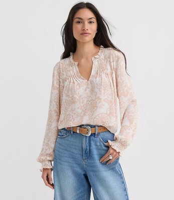 Loft Floral Ruffle Neck Pintucked Mixed Media Blouse M Light Taupe NWT Romantic