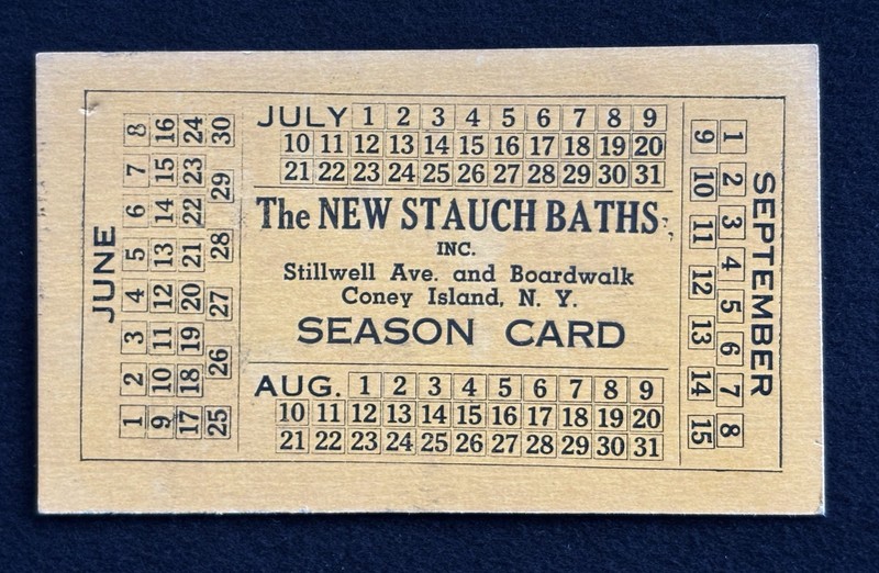The New STAUCH BATHS LADIES SEASON CARD, CONEY ISLAND, NEW YORK Vintage Souvenir