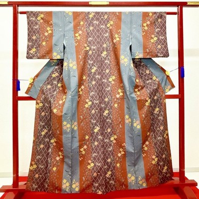Japanese Kimono 'KOMON' Polyester/maroon/Flower/Butterfly/Length:163cm N975