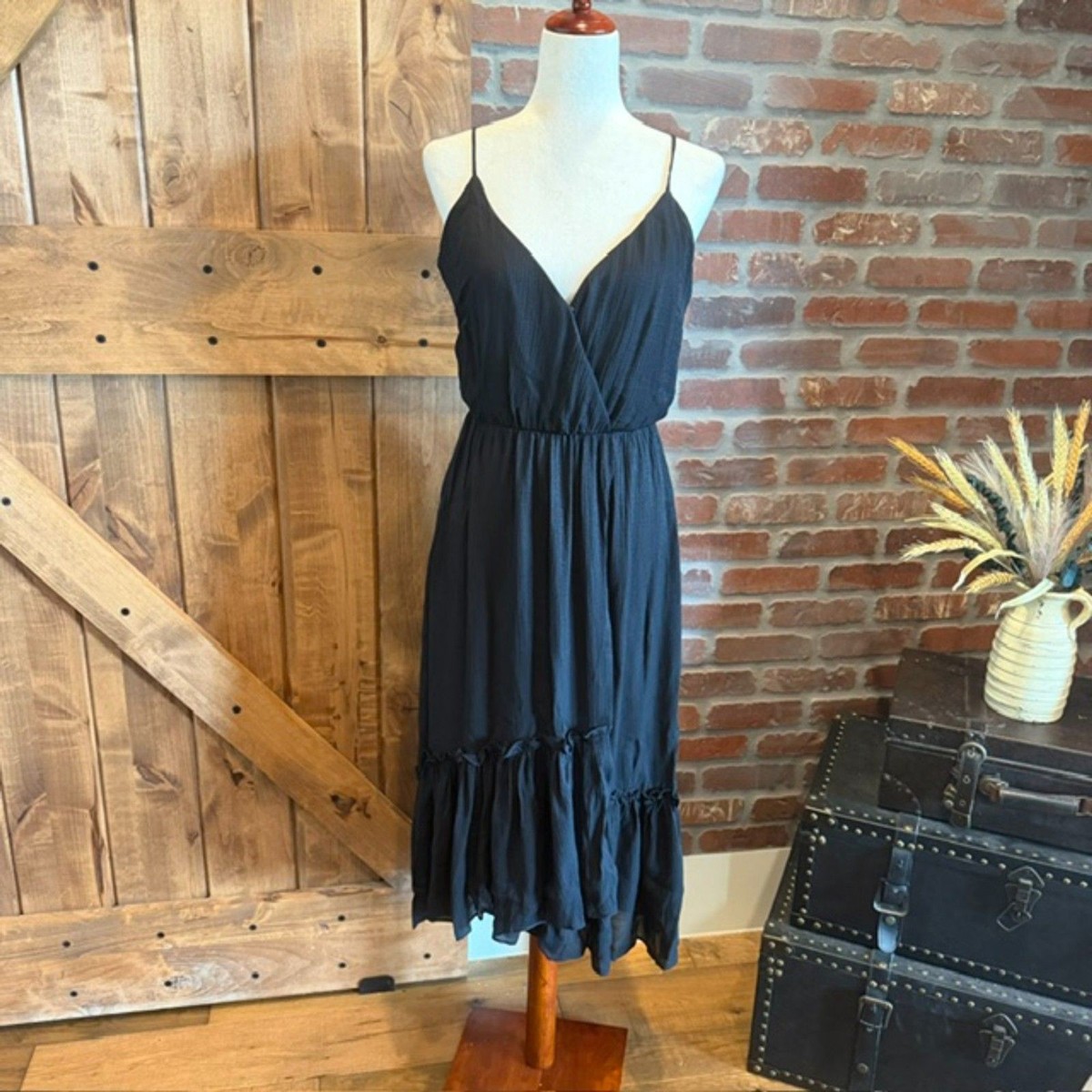 Black Ruffle Hem Midi Dress Size Medium Spaghetti Strap Sleeveless Boho Chic