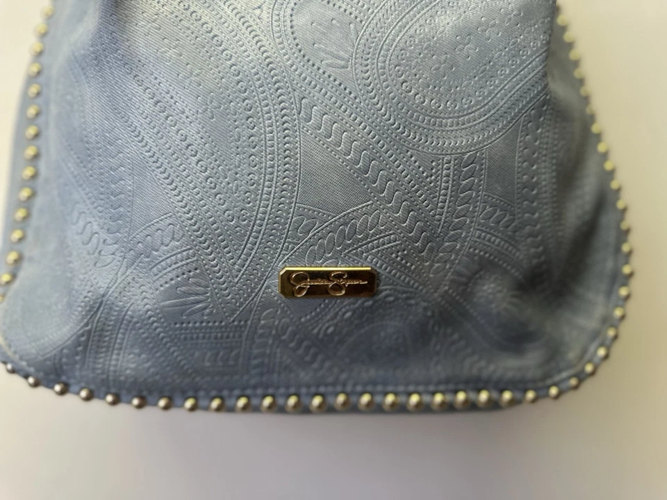 Jessica Simpson Tooled Studded Hobo Bag Blue Purse Handbag Metal Hardware - Image 3 of 4