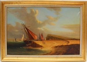Large-antique-oil-painting-on-canvas-coastal-landscape-framed-signed-Dumov