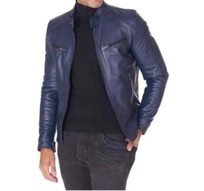 Lambskin Classy Biker Stylish New Men Jacket Navy Blue Handmade Leather Genuine