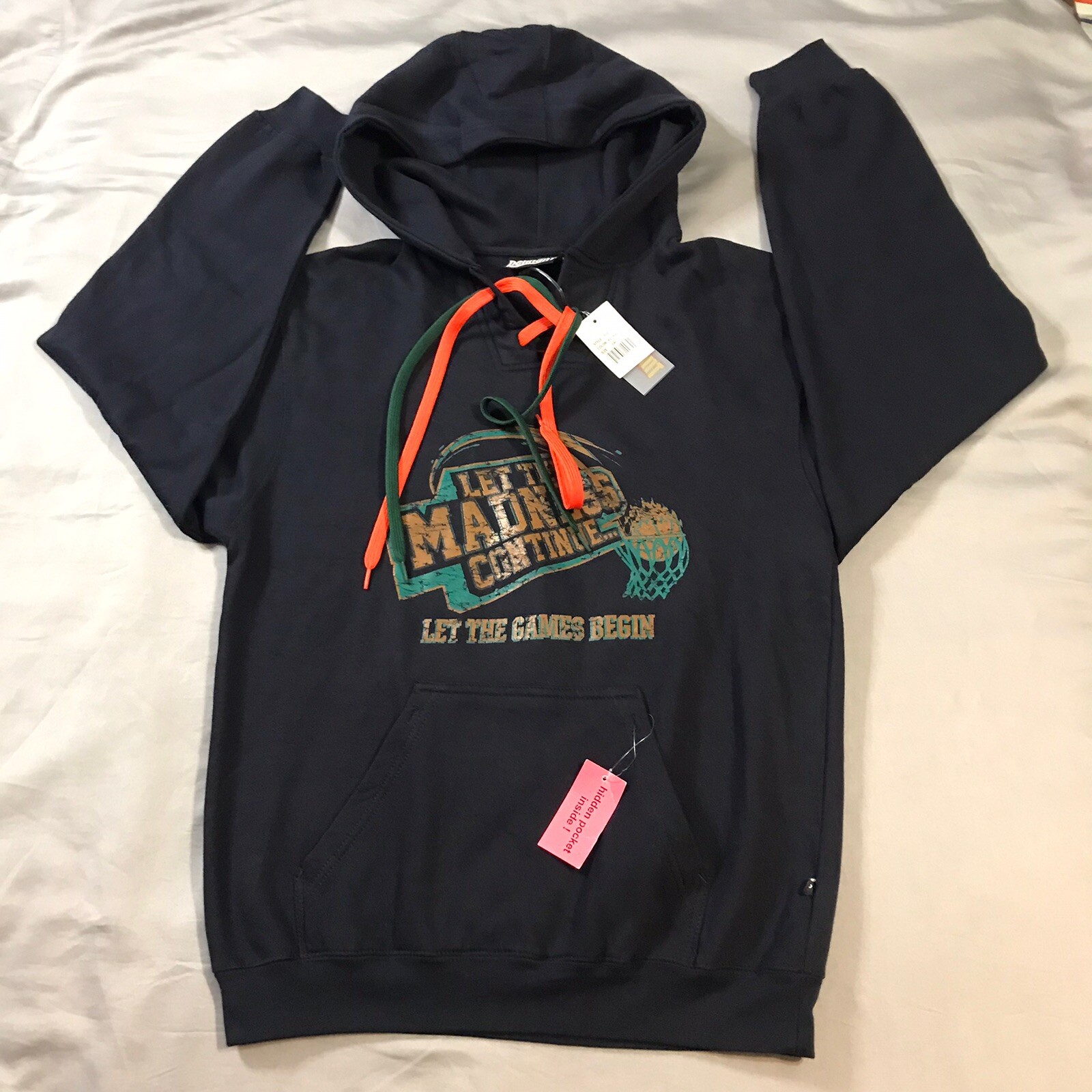 Pennant Hoodie Mens Small Blue Graphic Print Hidden Pocket Fleece Lined