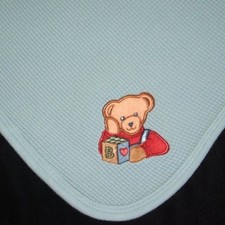Blue Jean Teddy Bear Dark Teal Blue Thermal Waffle Baby Blanket ABC Block