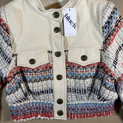 Blue B Collection Tweed Denim Cropped Jacket Women L Beige Coastal Cowgirl