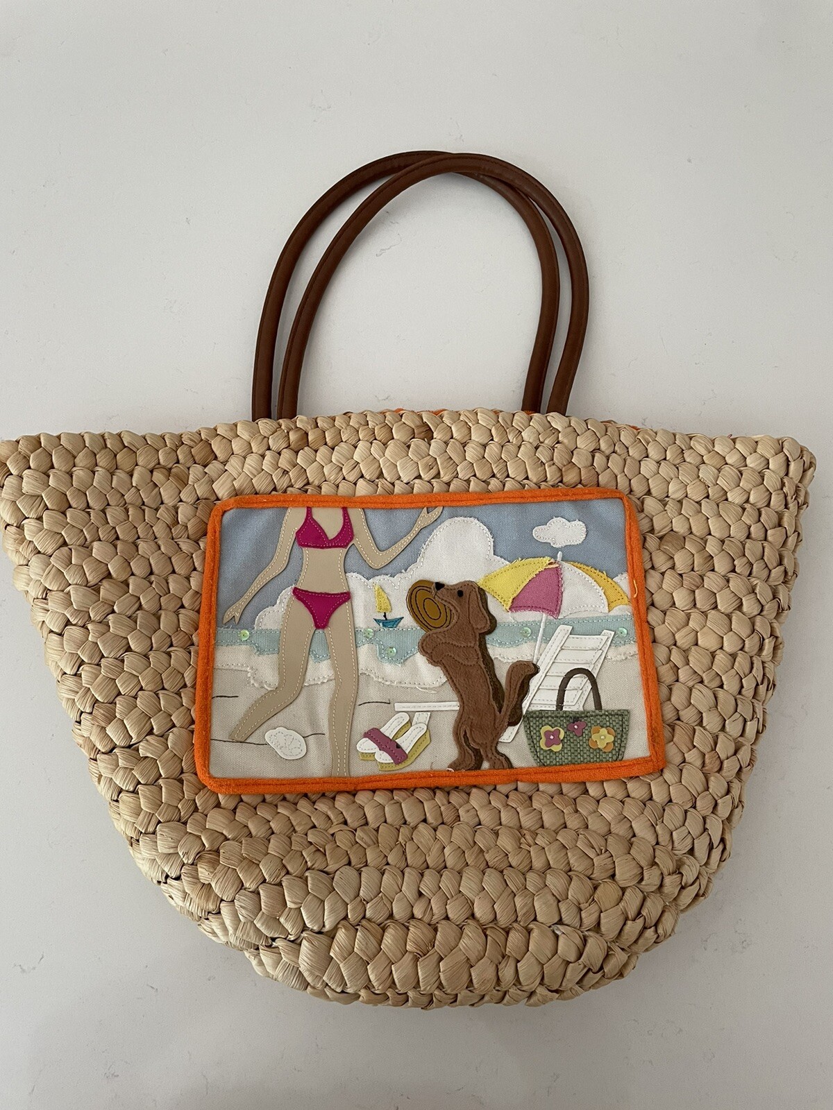 Amanda Smith Summer Beach Tote with Girl and Pup Woven Large Dog Purse
