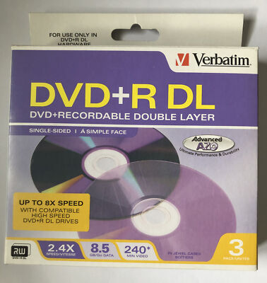 3-Pack Verbatim 8.5 GB 2.4X DVD+R DL Recordable 2-Layer Disc, Jewel Cases