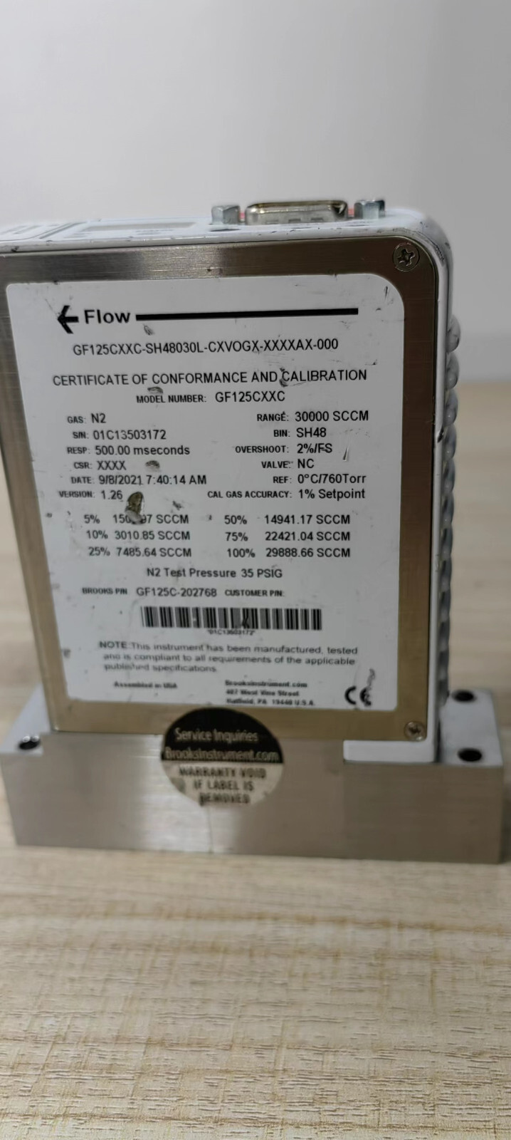 BROOKS GF125CXXC Mass Flow Controller GF125C-202768, 30000 SCCM Gas: N2 ...