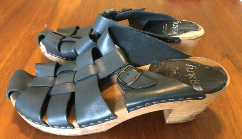FUNKIS Authentic Swedish Basket Weave Slate Grey Leather Wooden Clog Mules 41 - Picture 4 of 7