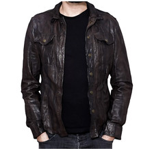 Men Real Leather Police Uniform Shirt Full Sleeves Gay BLUF Police Shirt Washed