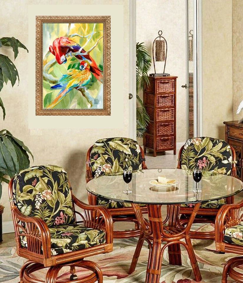 Papagaios ROMANCE TROPICAL pintura a óleo giclée 20x28 tela emoldurada **VENDA - Imagem 3 de 4