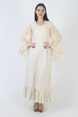 Vtg Cottagecore Kimono Angel Sleeve Dress Boho Seersucker Off Wht Lace Maxi  | eBay