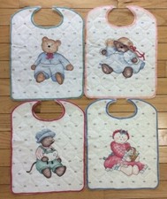 BEIGE BEAR GIRL BOY, MOUSE GIRL QUILTED LINED BABY BIBS 4 IN A SET
