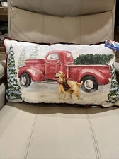 YELLOW LABRADOR & RED TRUCK Retriever Dog 14x24 Pillow Christmas Cottage Core