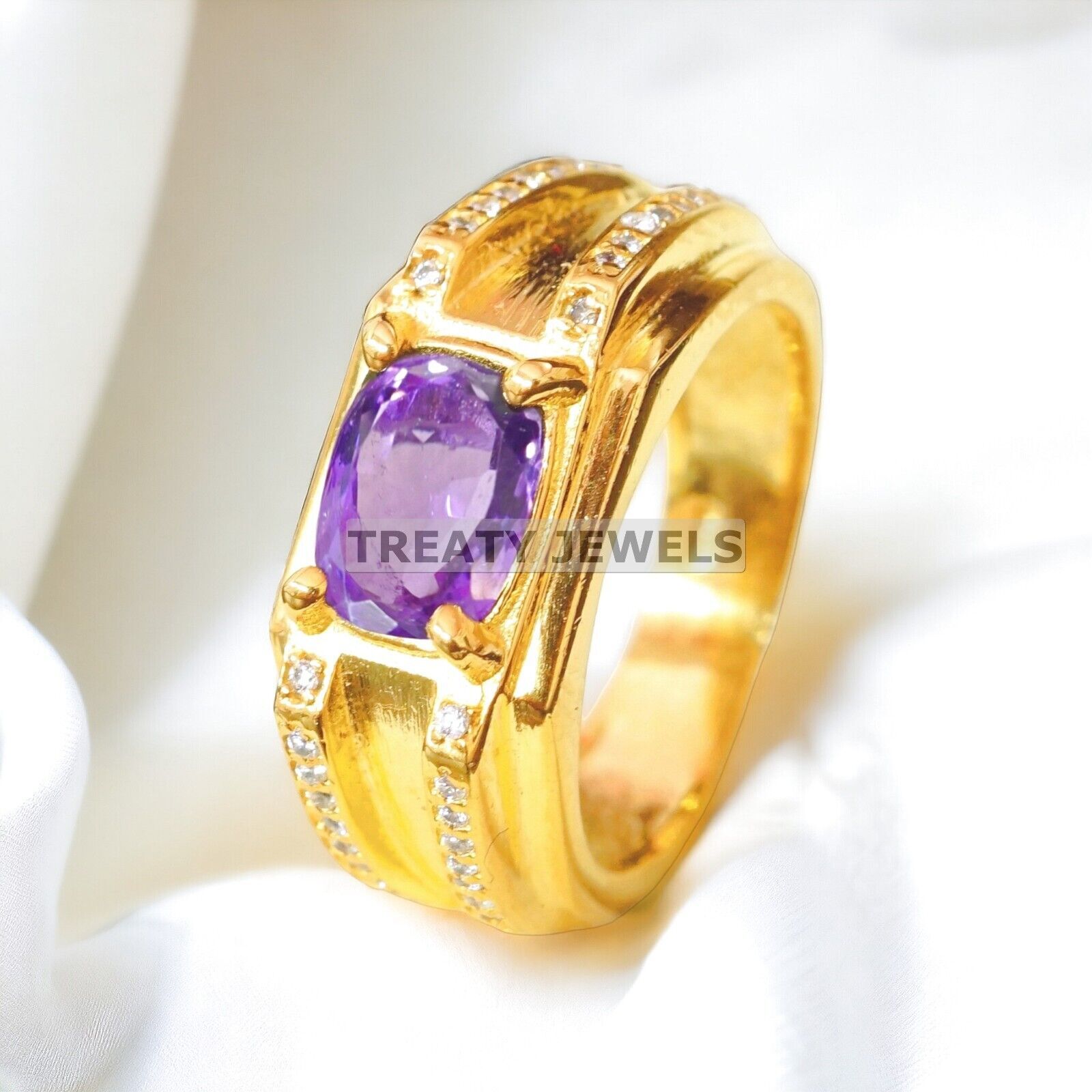 Amethyst Oval Cut With 925 Sterling Silver Gold Plated Ring For Men's #A124 *