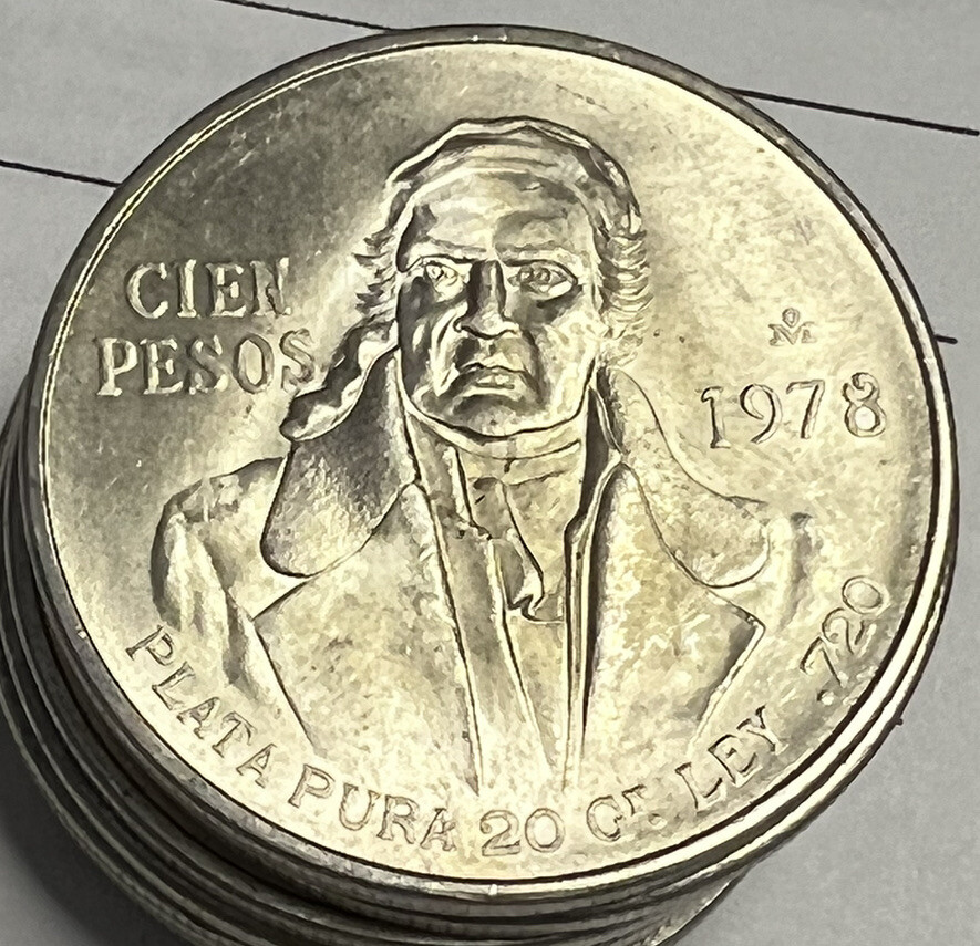 N2191【メキシコ・銀貨】1978年100ペソ銀貨 1978 Cien Pesos Mexican Silver 100 Pesos BU - Hand Selected