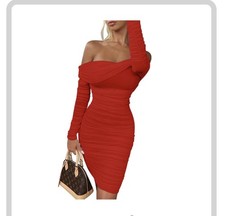 Viral OYS Off Shoulder Long Sleeve Ruched Bodycon Mesh Dress