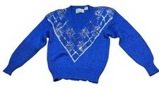 Vtg 80s Andene Cobalt Blue Silver Sequin Sparkle V-Neck Sweater Big Shoulders M