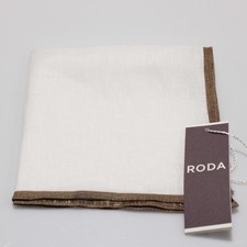 Roda NWT 100 Linen Pocket Square In Ivory with Brown Trim Made in Italy