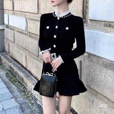 New French Lace Black Velvet Dress Women Casual Black Tweed Slim Fit Short Dress