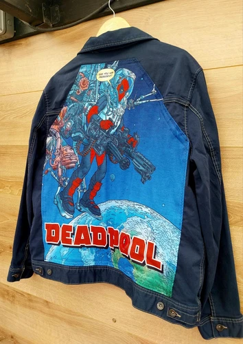 Reworked vintage denim jacket with Deadpool on back Size XL - Picture 5 of 7