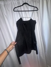 Stylish Black Sleeveless Dress with Belt and Spaghetti Straps