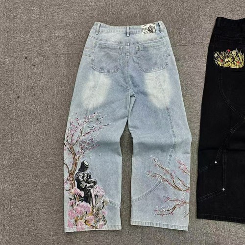 Vescartes Cherry blossom embroidery jeans, straight and loose fit