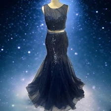 Morrell Maxie Midnight Blue Sequin Top Maxi Skirt Tule Dress Prom Quinceañera 6