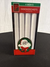 New Vintage White 100 Cotton Handkerchiefs 4 Pack 17" x 17" Santa Holiday