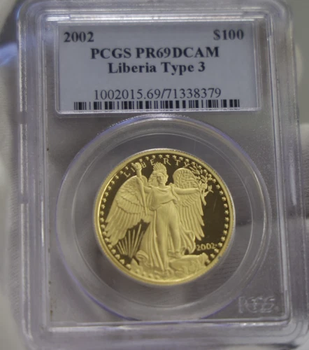 2002 GOLD LIBERIA 250 MINTED $100 GAUDENS WINGED LIBERTY PCGS PROOF 69 DCAM