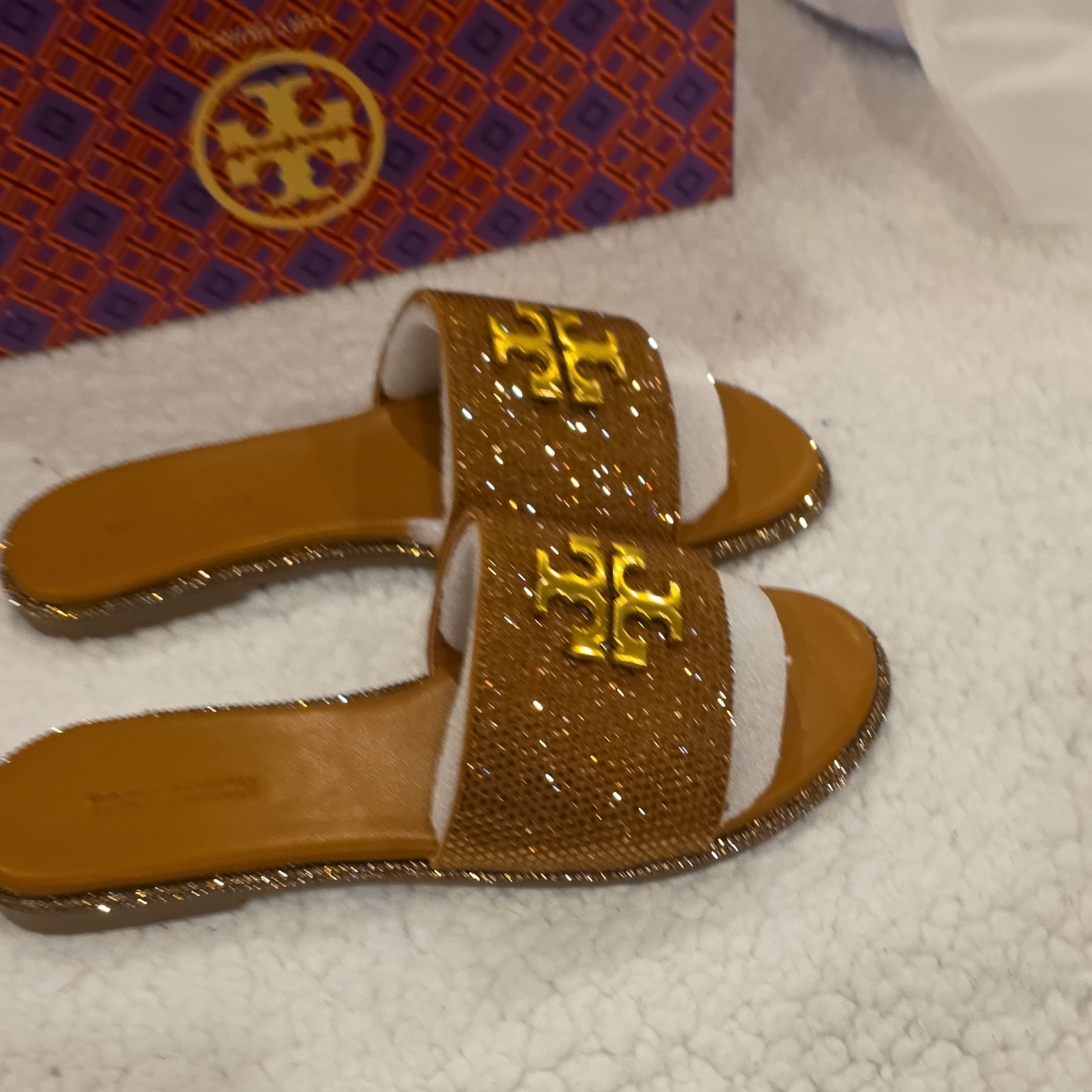 Tory Burch Brown Gold Rhinestone Logo Slide Sandals Women's thumbnail 6